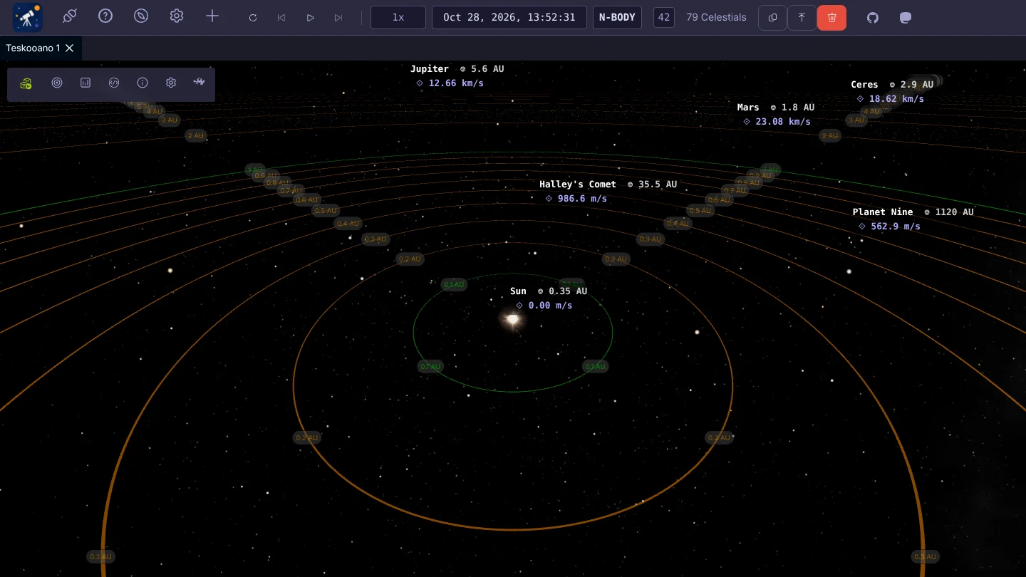 Sol loaded, with labels for each body and AU distance rings around the Sun