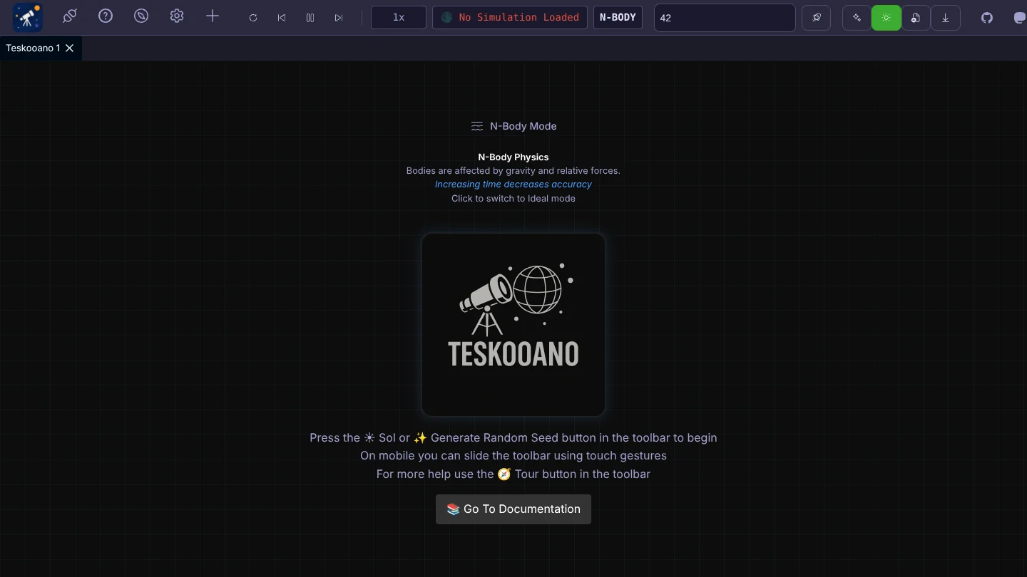The Teskooano welcome screen with the main toolbar along the top